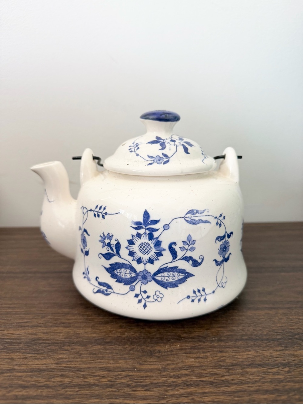 Vintage Blue Floral Ceramic Teapot White and Blue Cottage Art Coquette Style